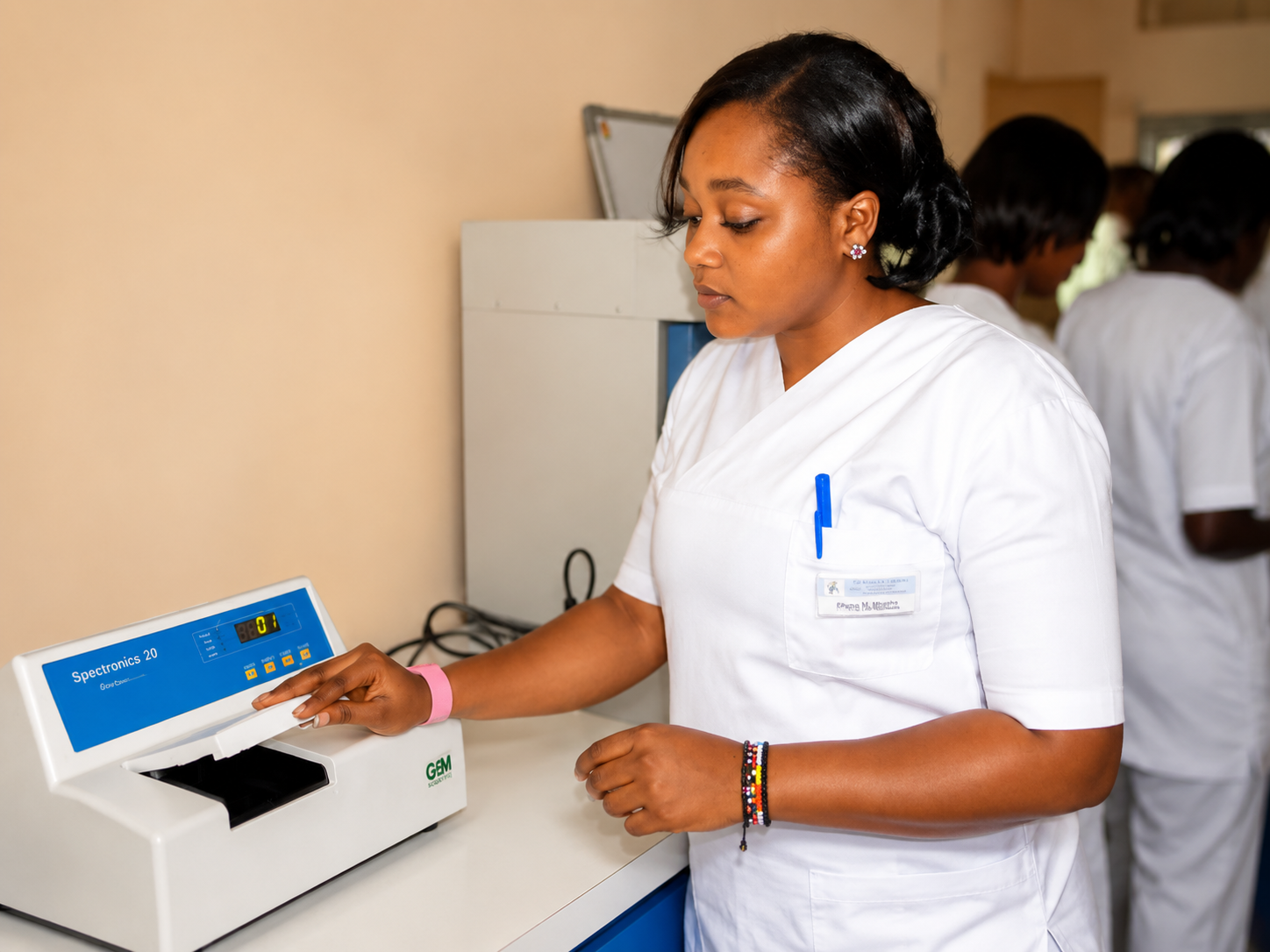Medicine counter assistant serving customers at a pharmacy counter